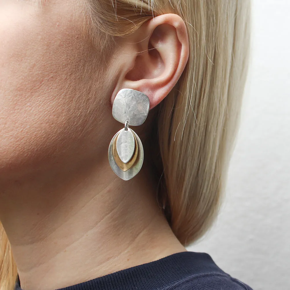 Rounded Square with Triple Layered Leaves Clip or Post Earrings