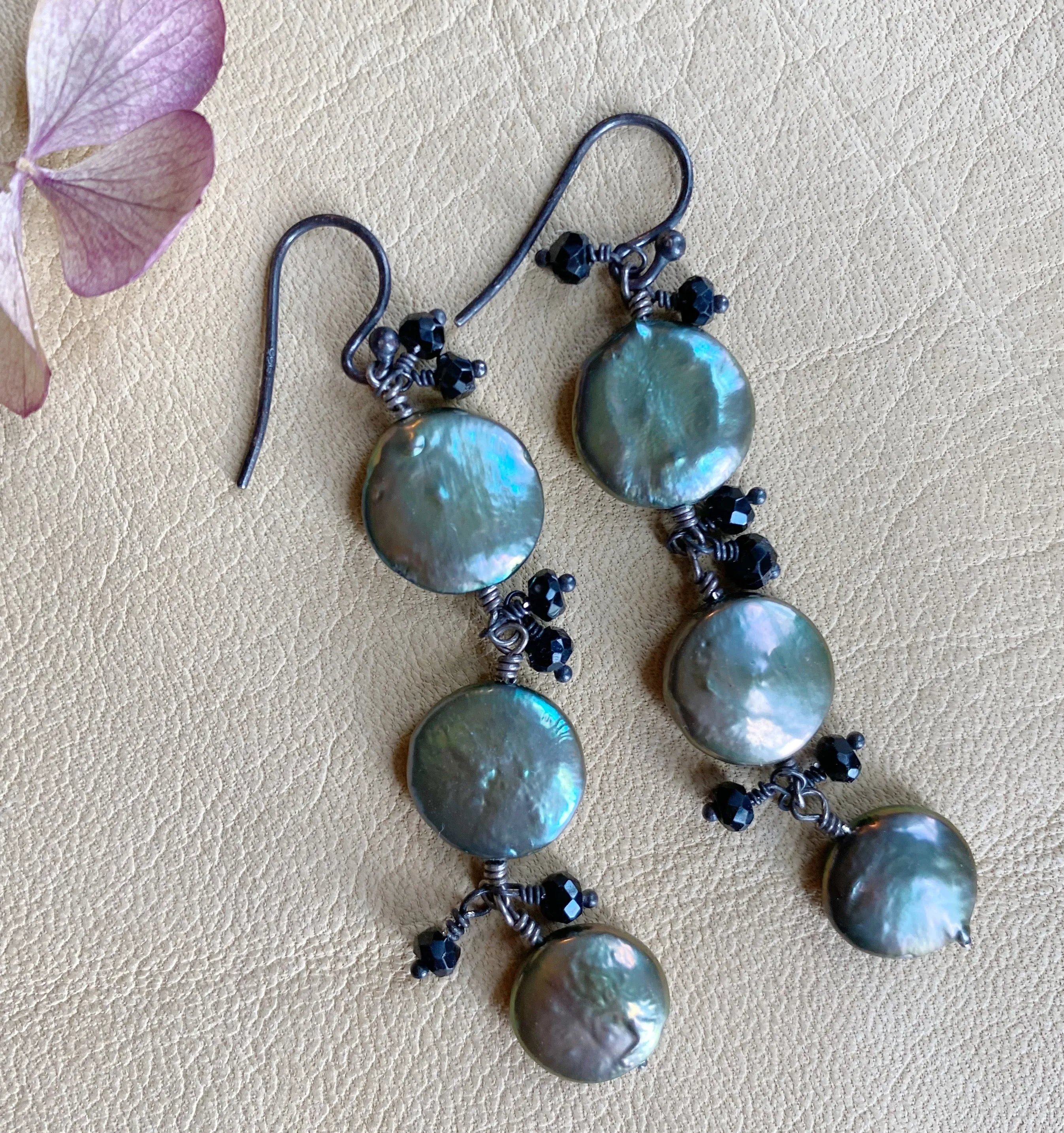 Sage Green Coin Pearl Earrings
