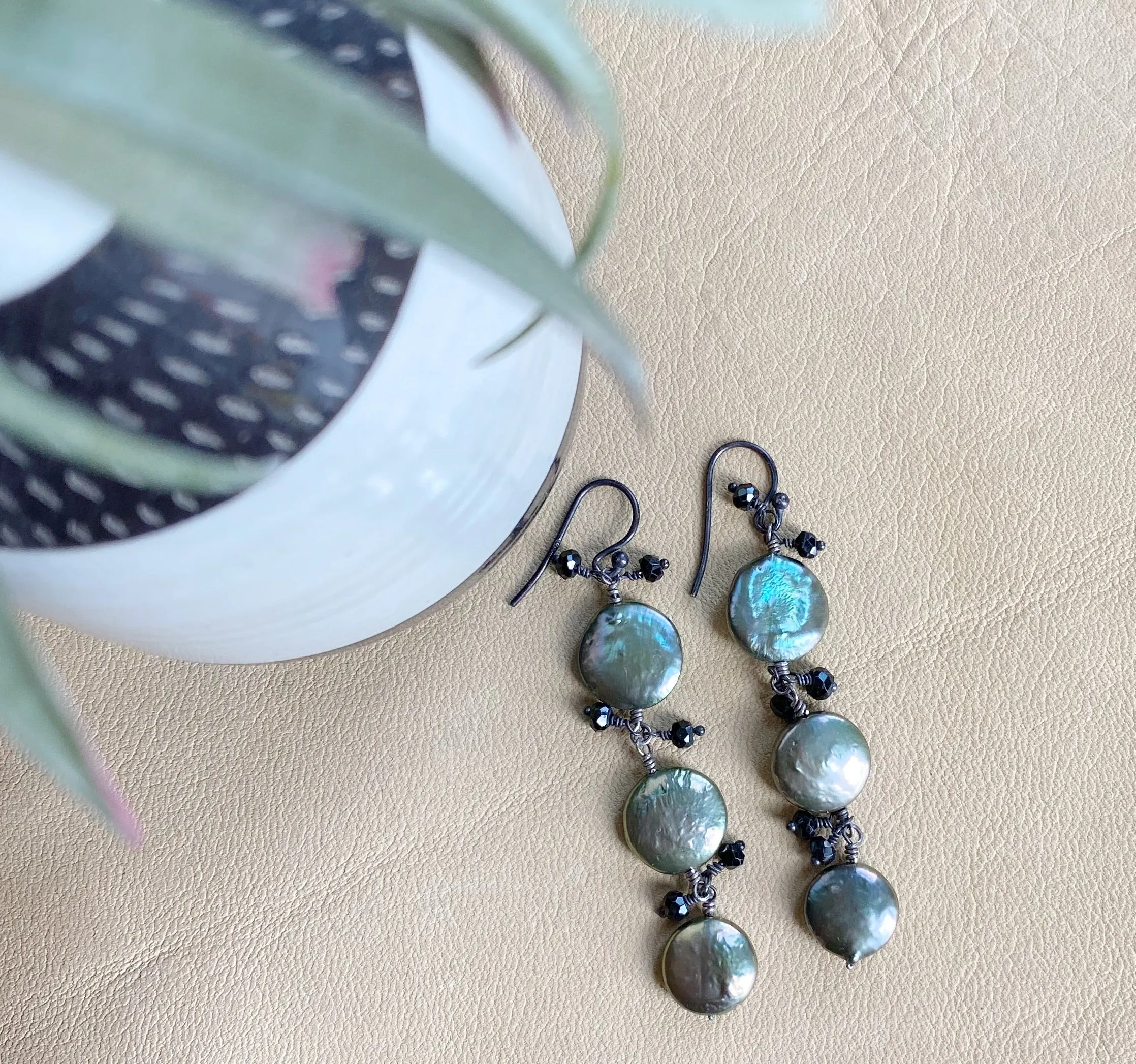Sage Green Coin Pearl Earrings