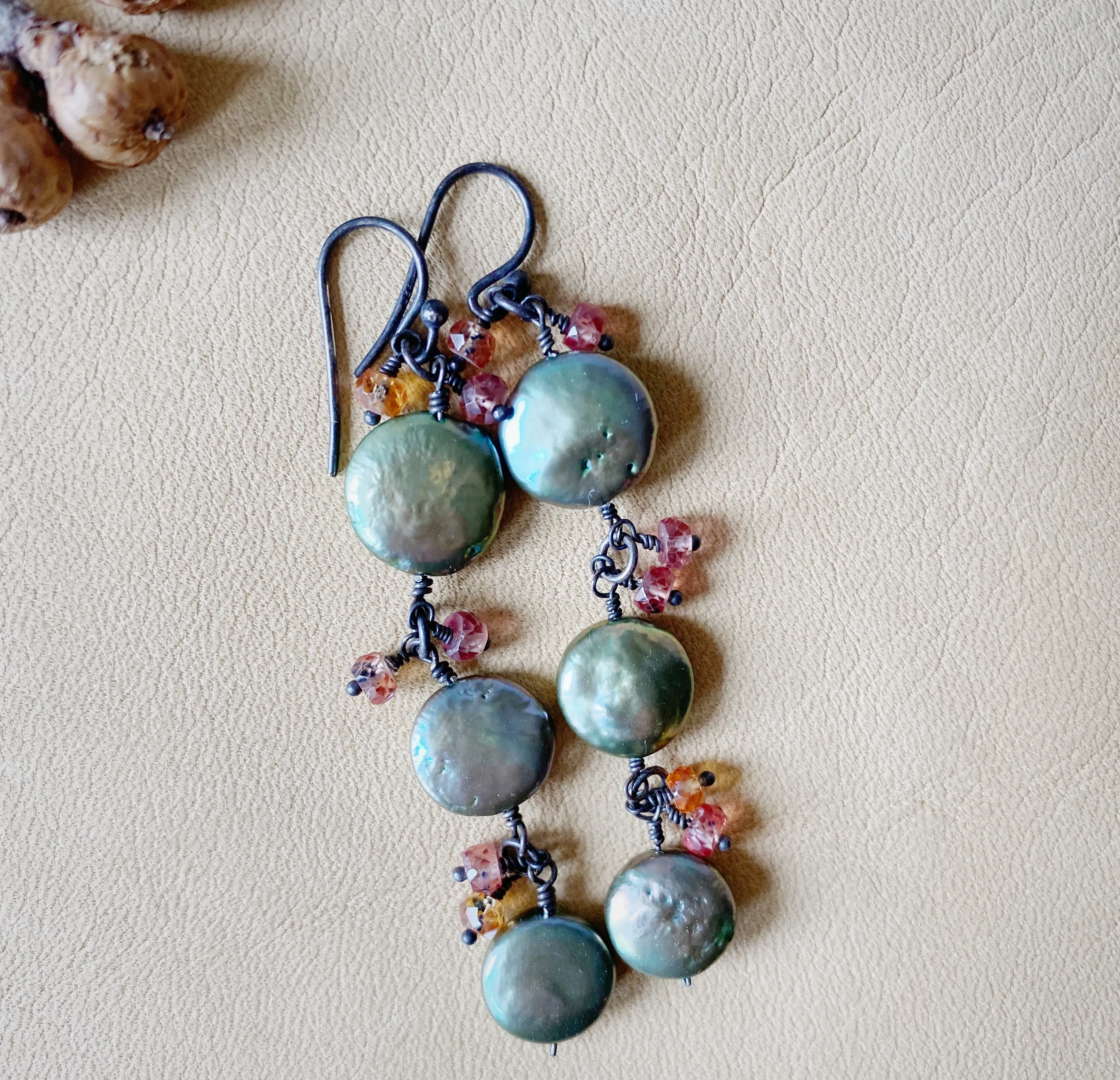 Sage Green Coin Pearls & Hessonite Earrings