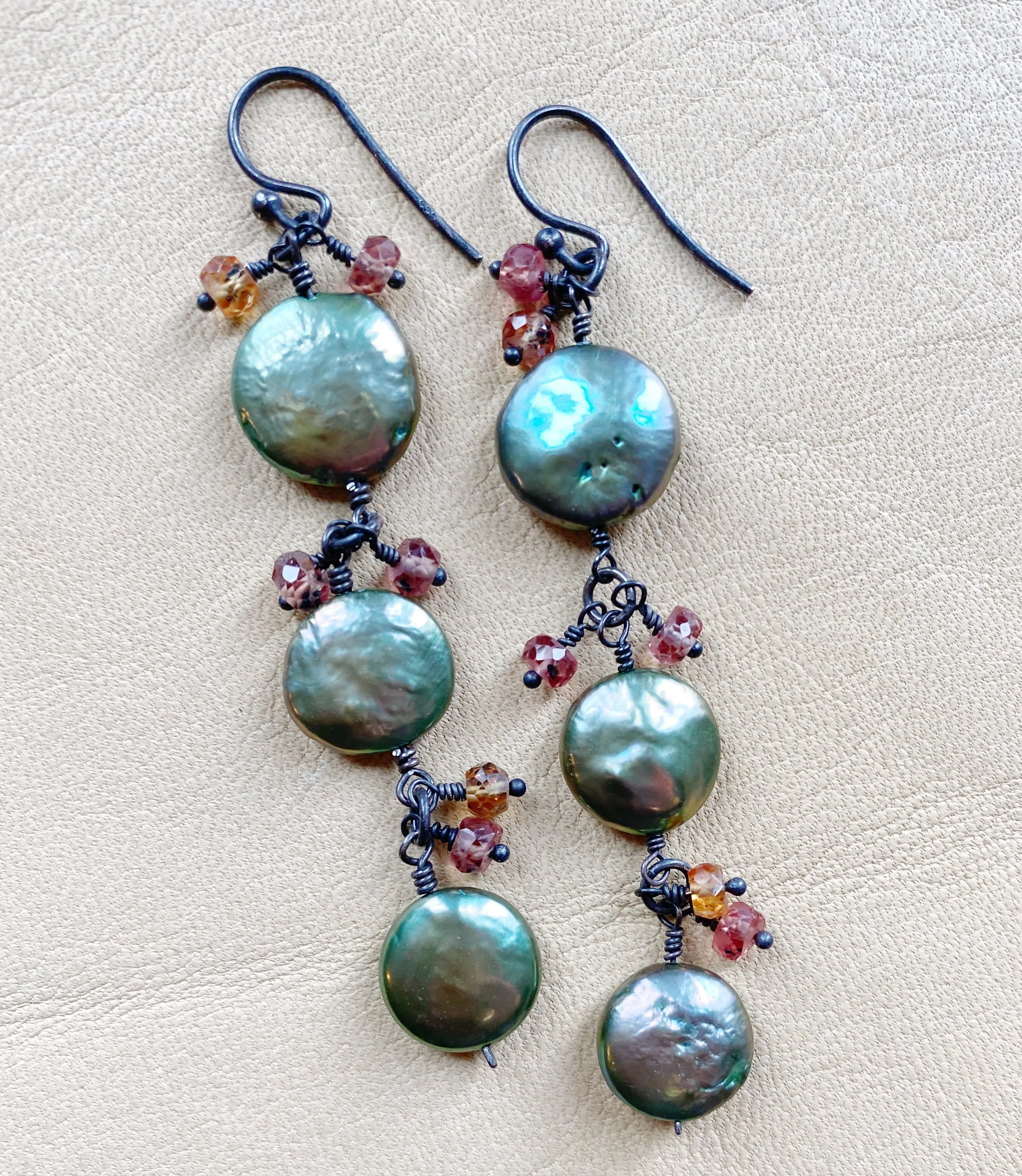 Sage Green Coin Pearls & Hessonite Earrings
