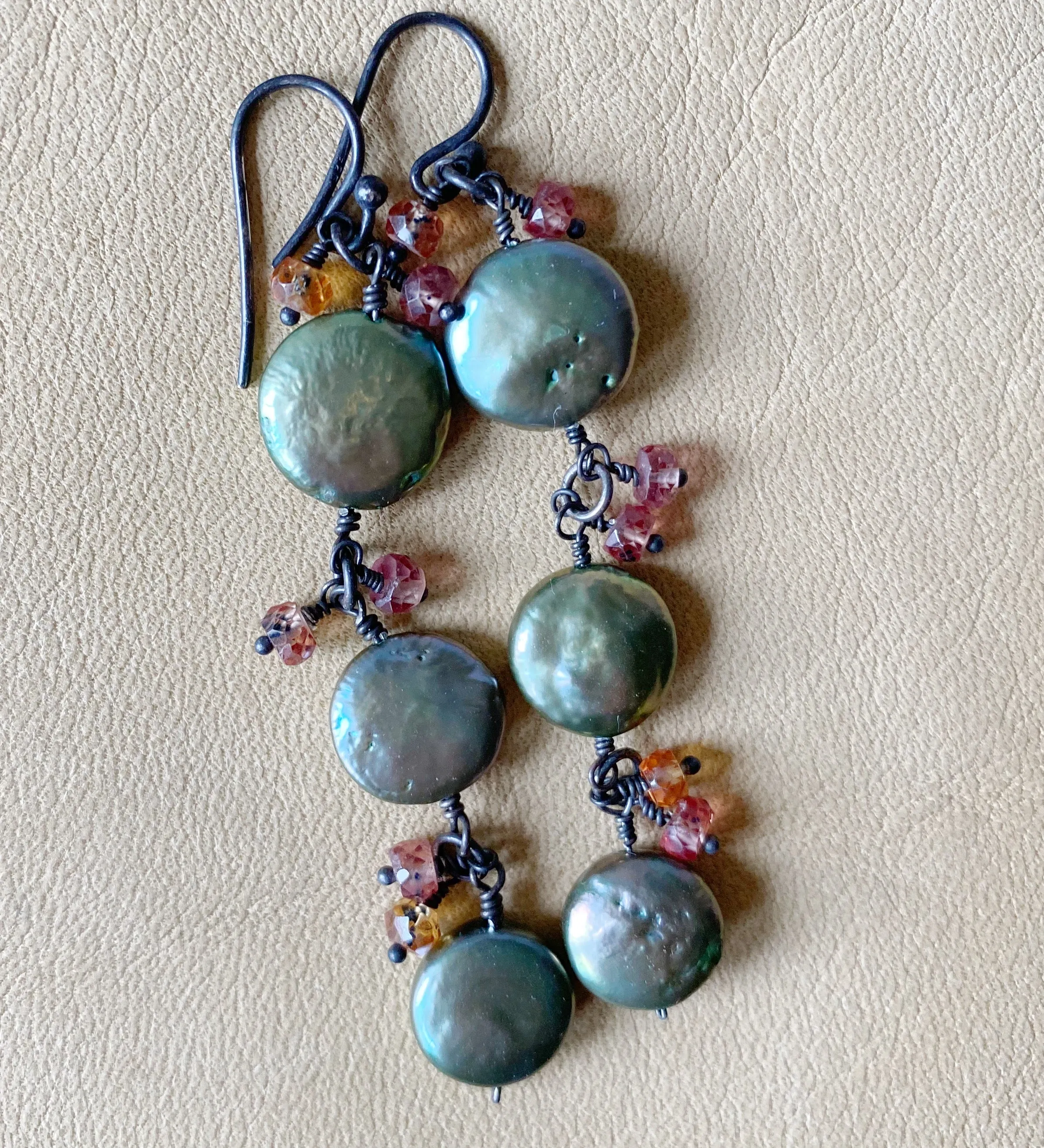 Sage Green Coin Pearls & Hessonite Earrings
