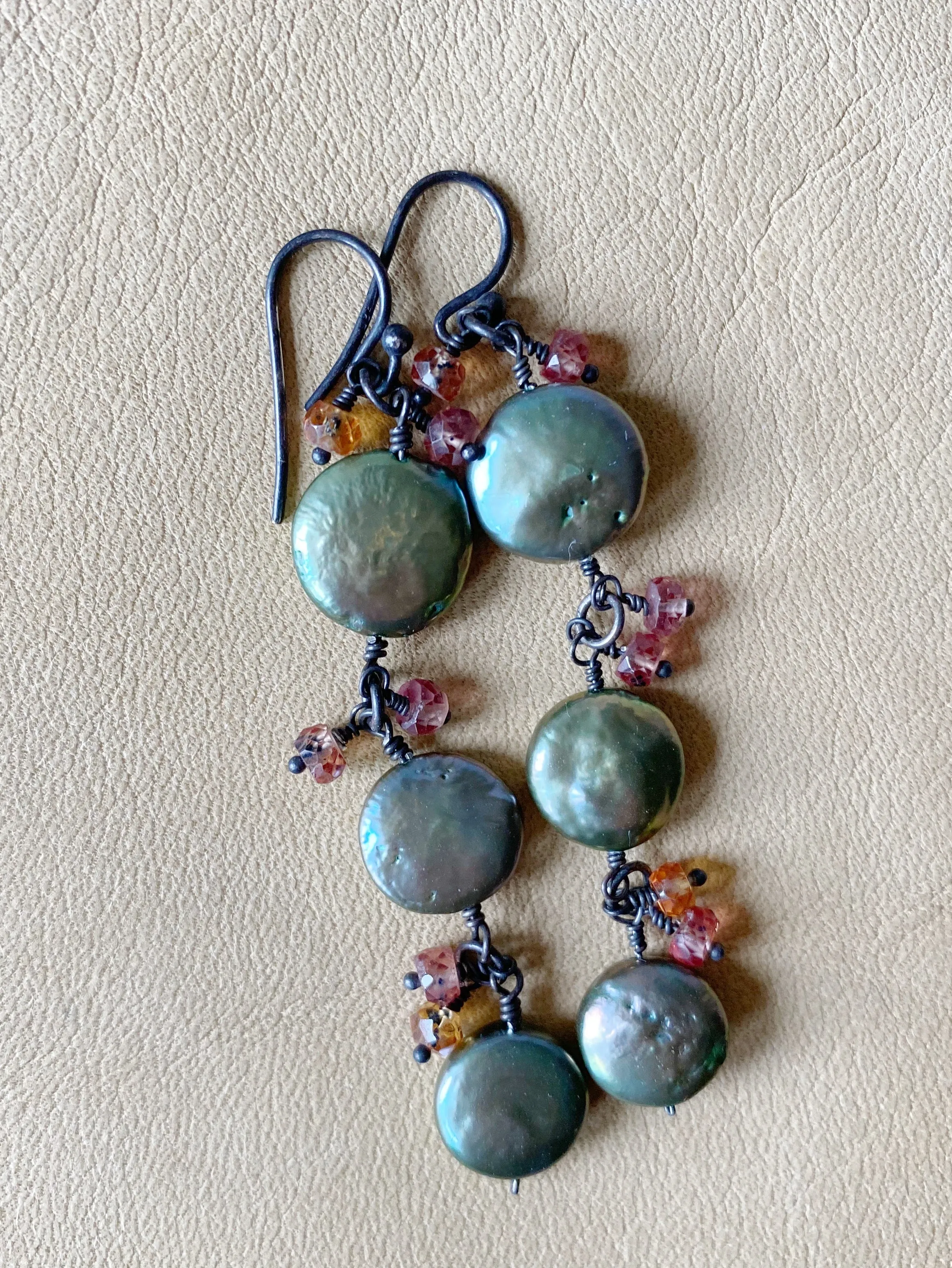 Sage Green Coin Pearls & Hessonite Earrings