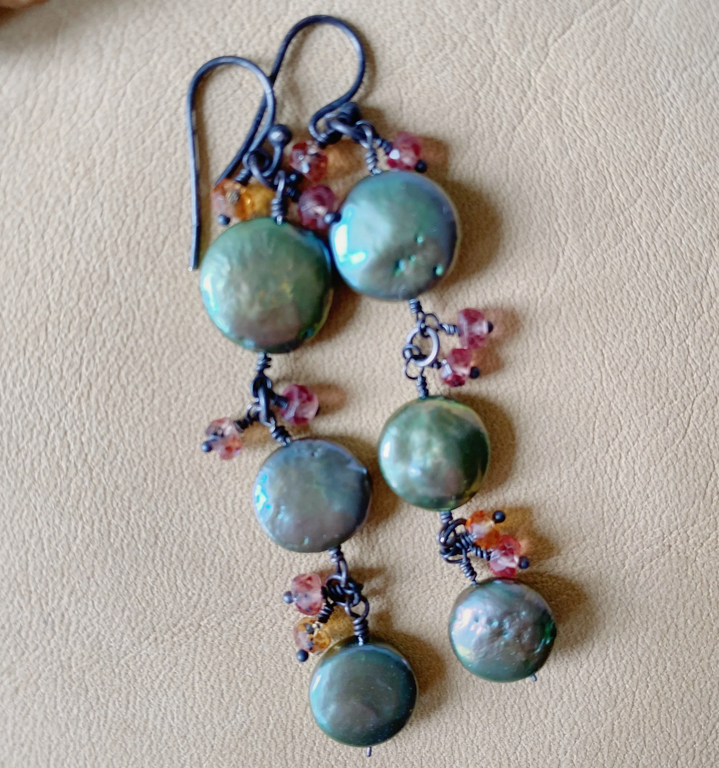 Sage Green Coin Pearls & Hessonite Earrings