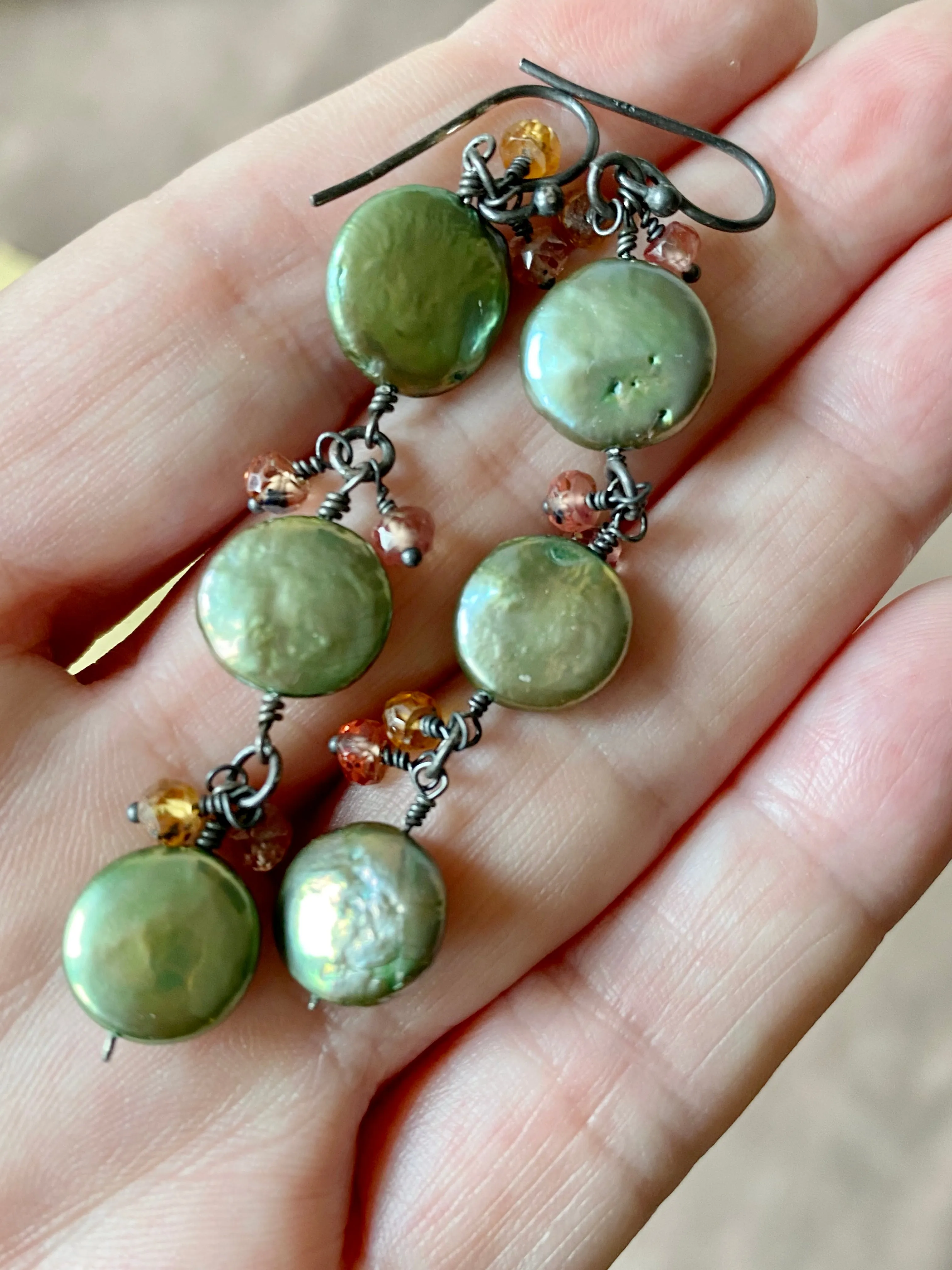 Sage Green Coin Pearls & Hessonite Earrings