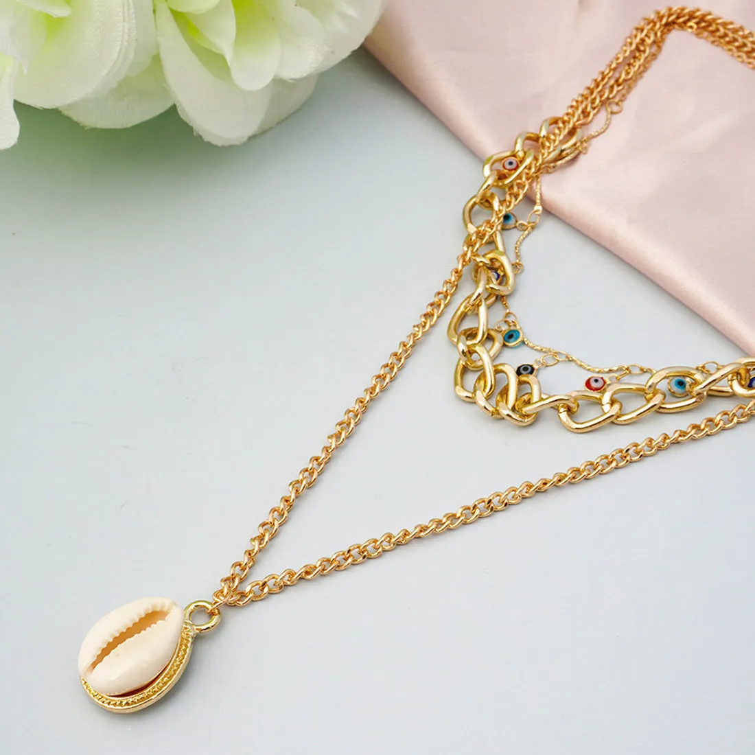 Seashell Evil Eye Beads Layered Necklace
