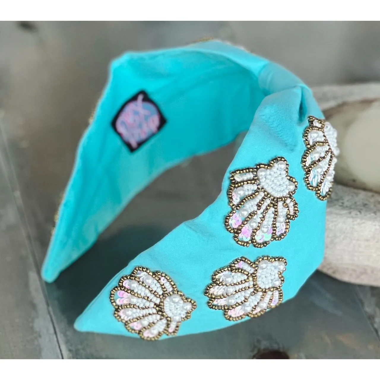 Seashell Seed Beaded Turquoise Top Knot Headband