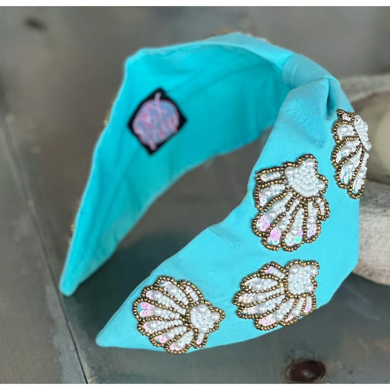 Seashell Seed Beaded Turquoise Top Knot Headband