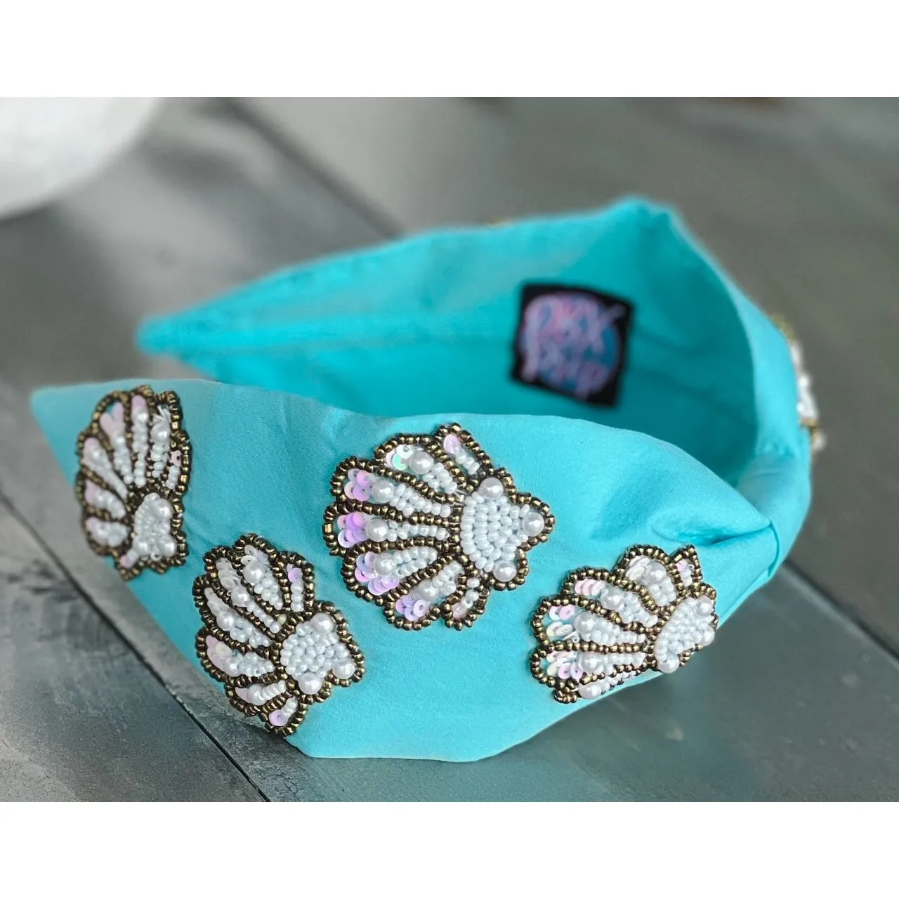 Seashell Seed Beaded Turquoise Top Knot Headband