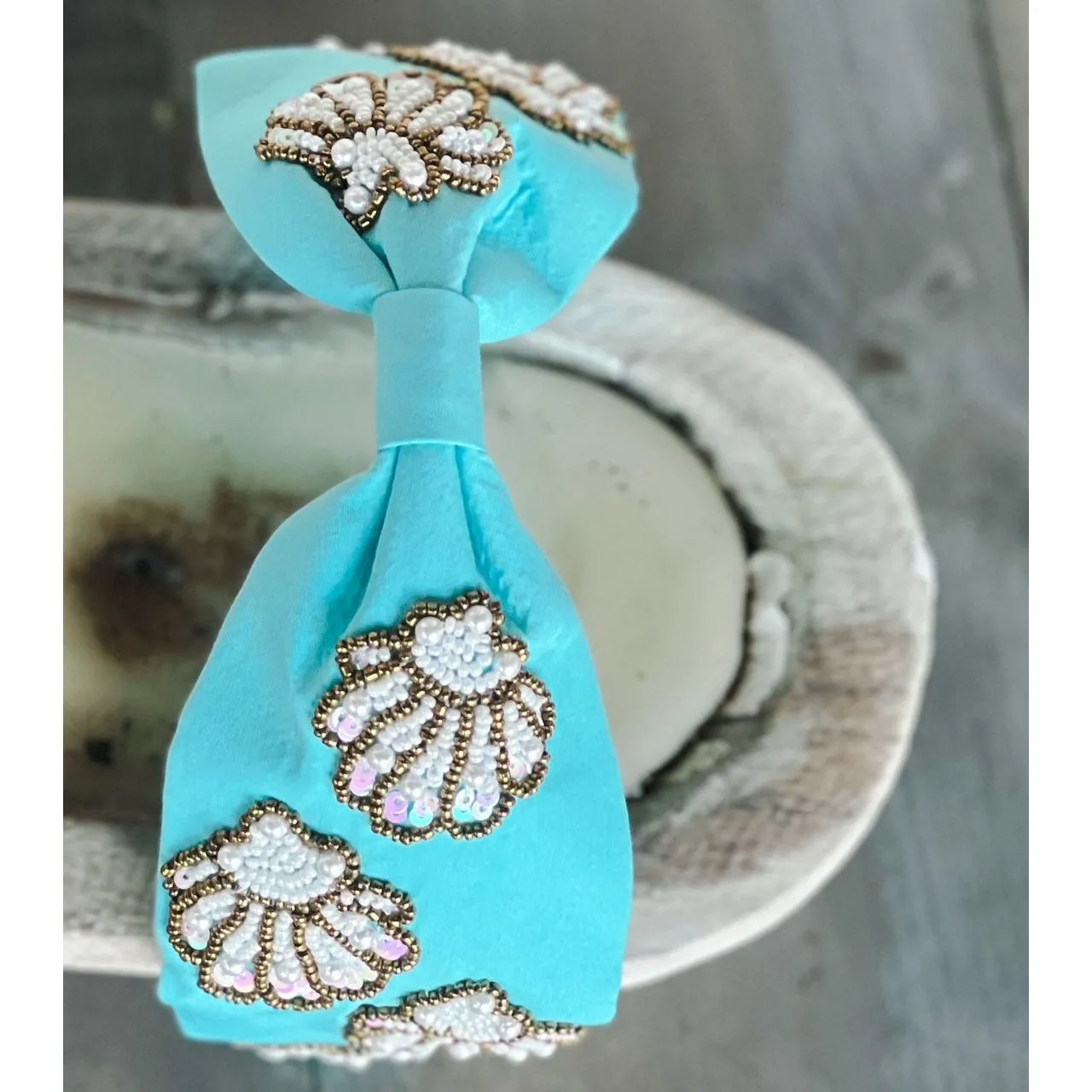 Seashell Seed Beaded Turquoise Top Knot Headband