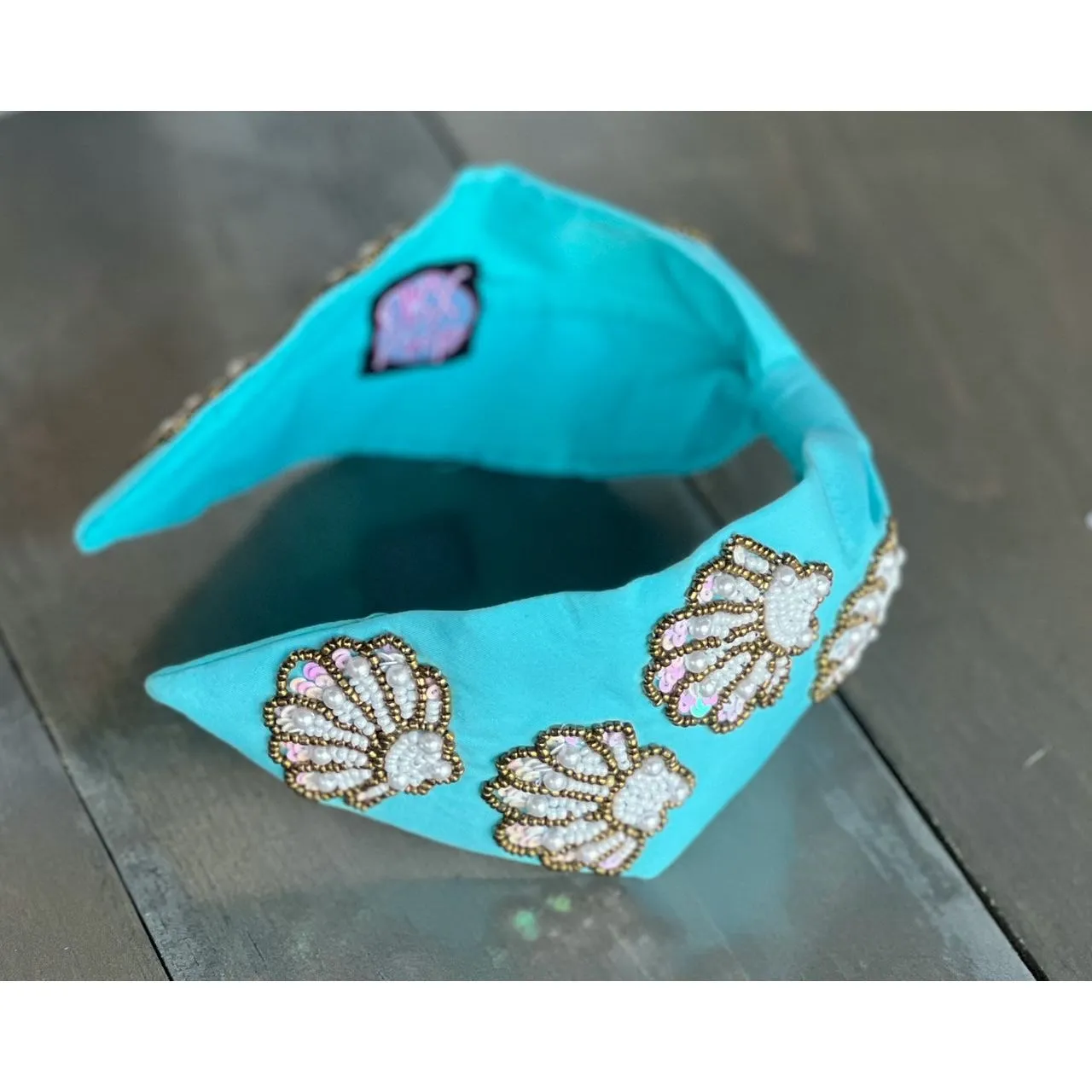 Seashell Seed Beaded Turquoise Top Knot Headband
