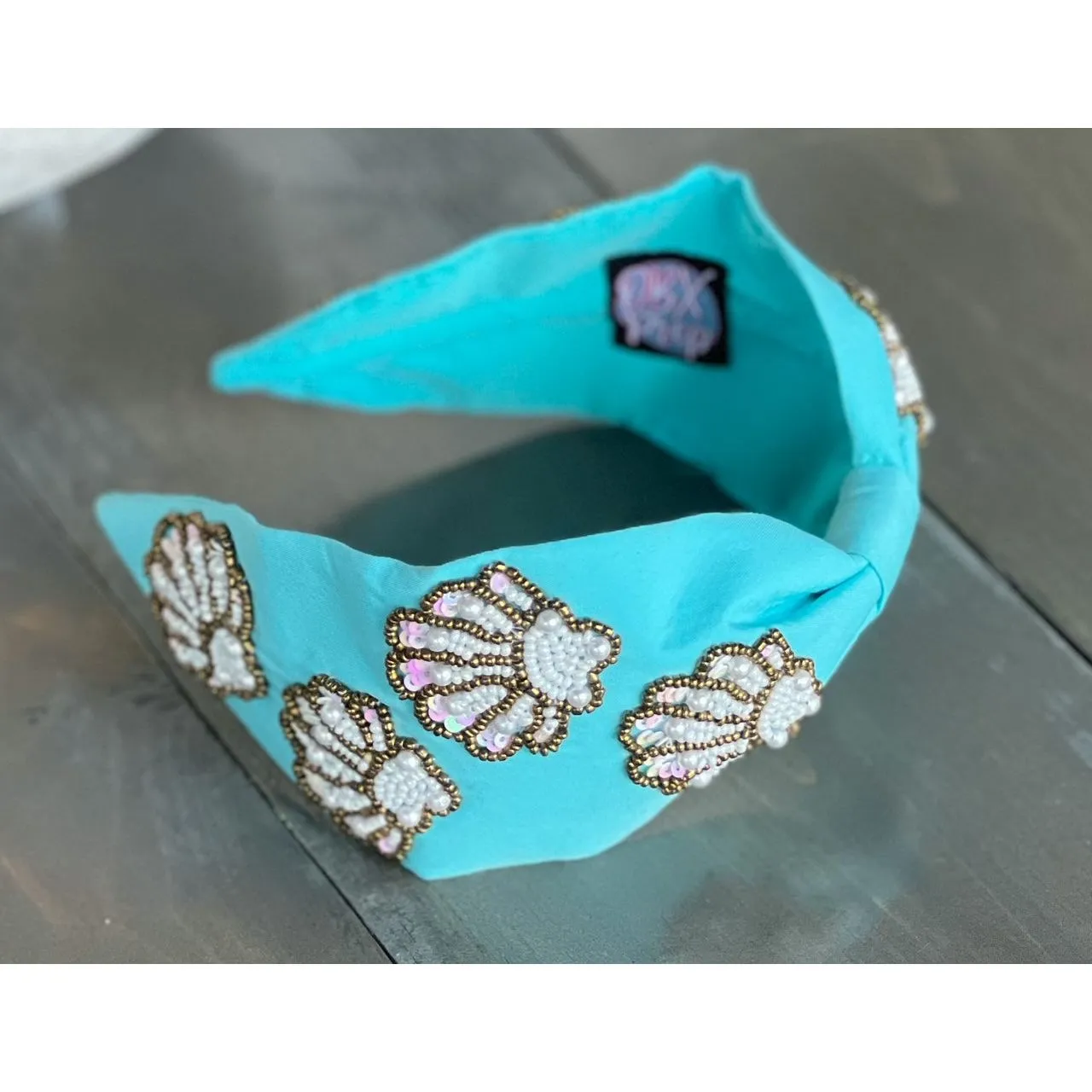 Seashell Seed Beaded Turquoise Top Knot Headband