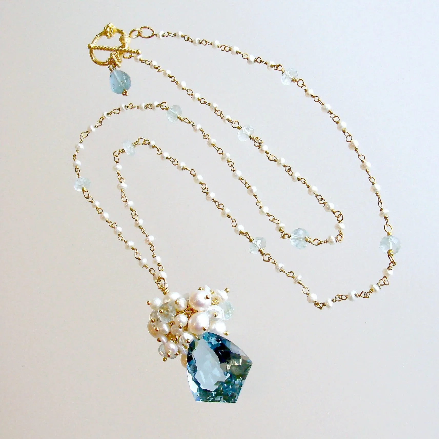 Shield Cut Aquamarine Seed Pearl Cluster Pendant Necklace - Diana II Necklace