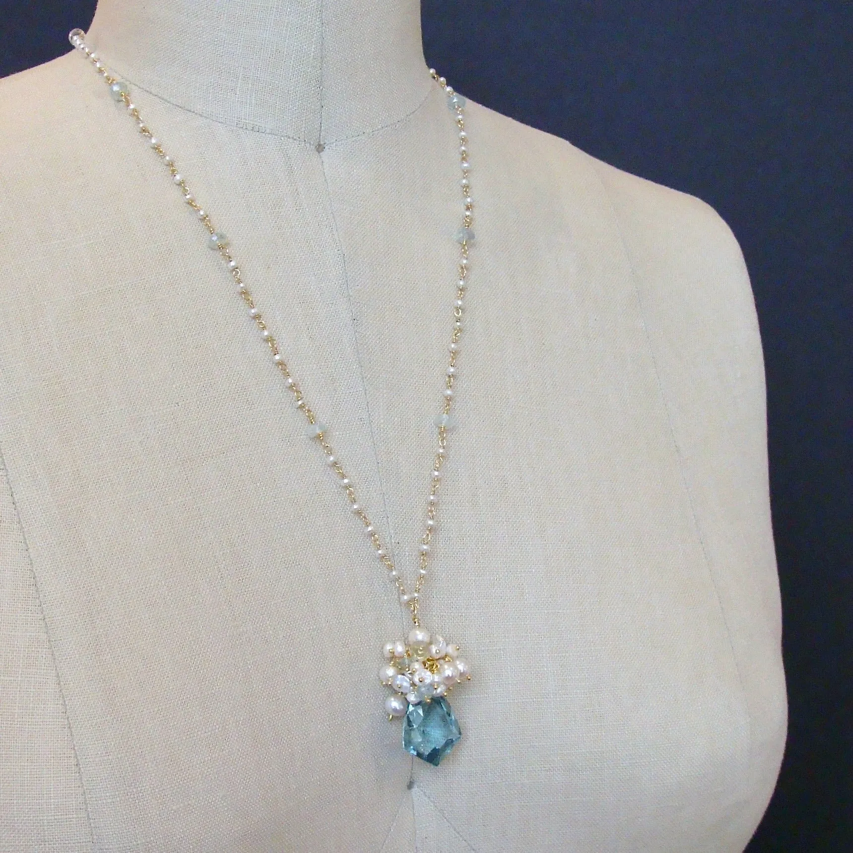 Shield Cut Aquamarine Seed Pearl Cluster Pendant Necklace - Diana II Necklace