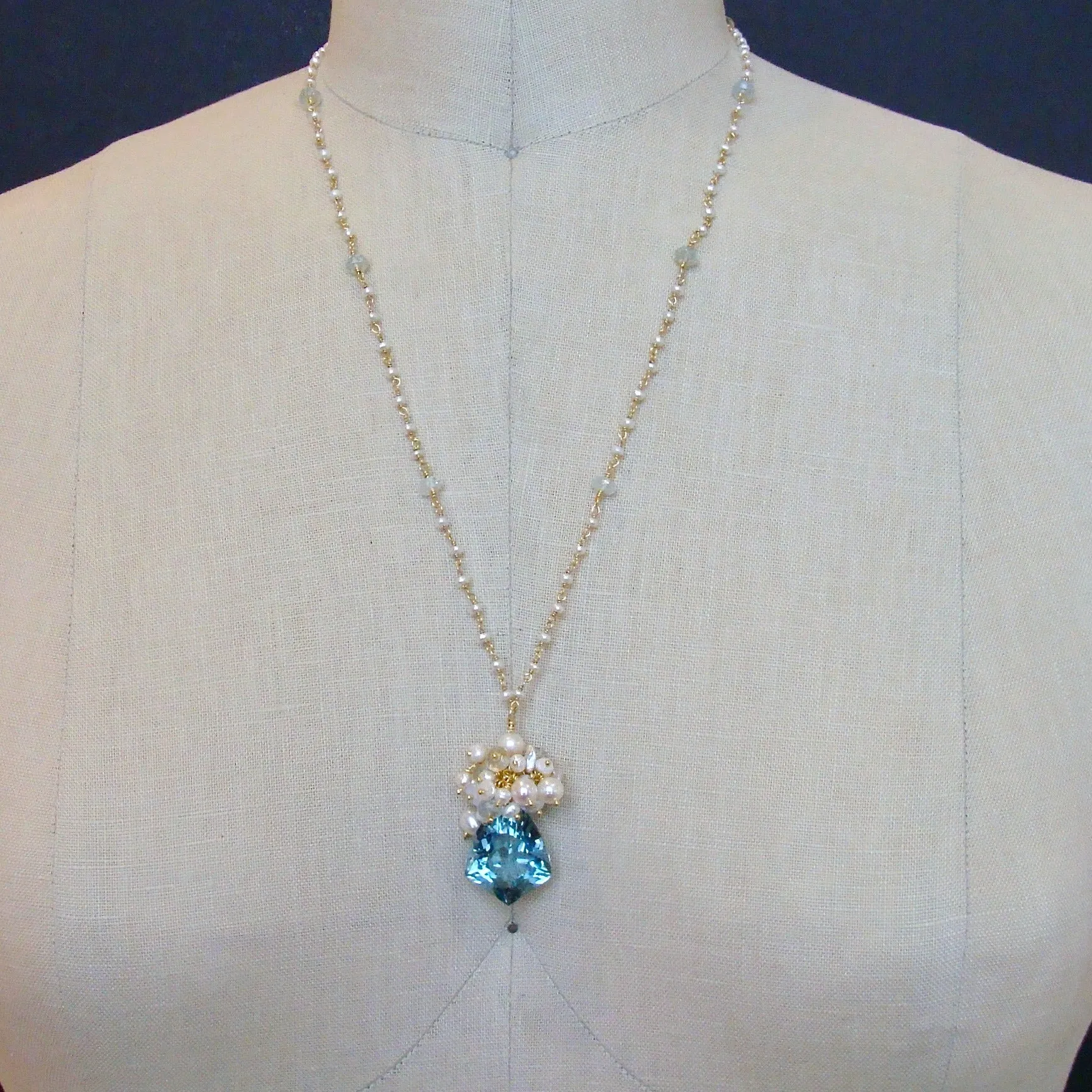 Shield Cut Aquamarine Seed Pearl Cluster Pendant Necklace - Diana II Necklace
