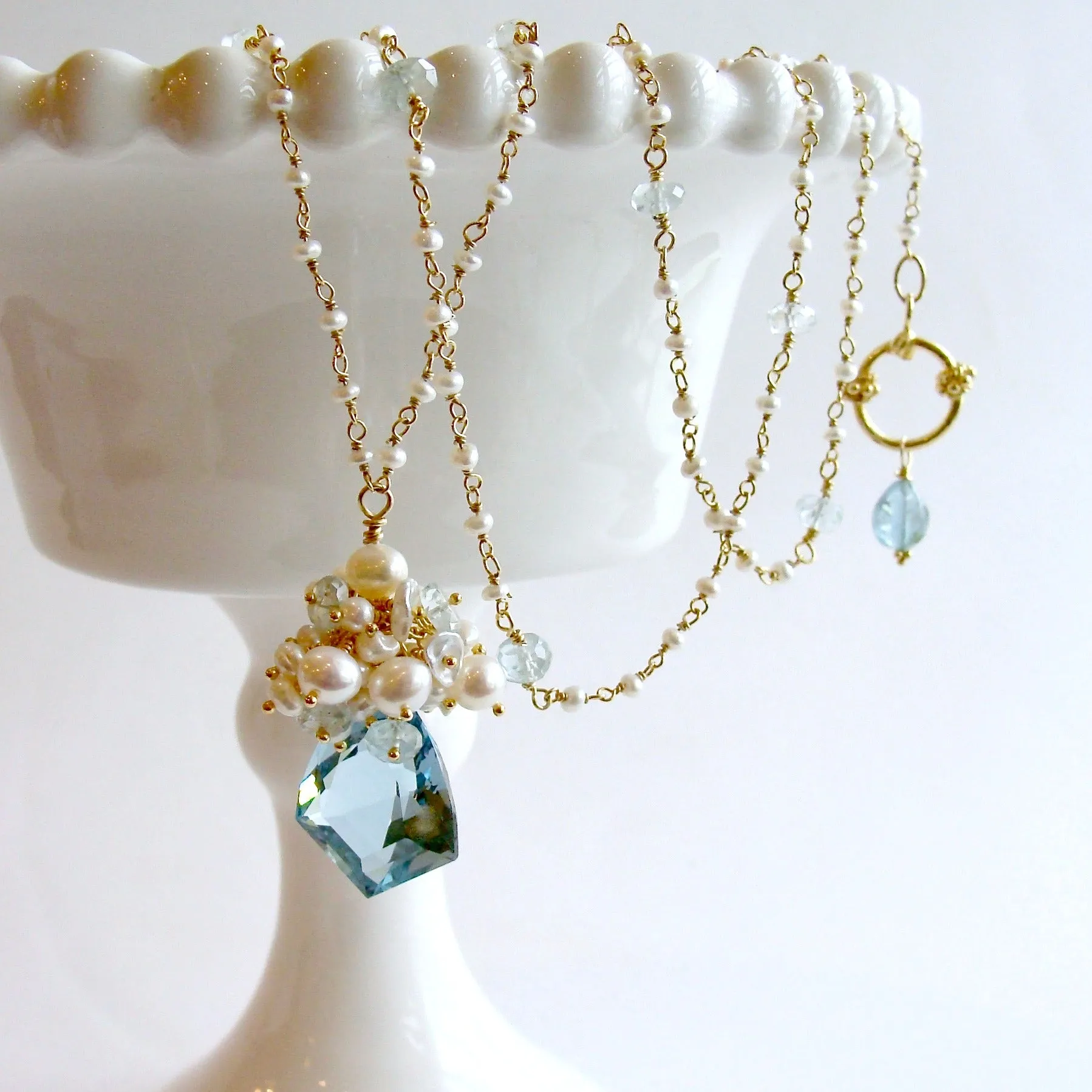 Shield Cut Aquamarine Seed Pearl Cluster Pendant Necklace - Diana II Necklace