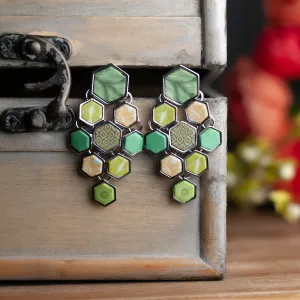 Silver Hexagon Chandelier Earrings - Green