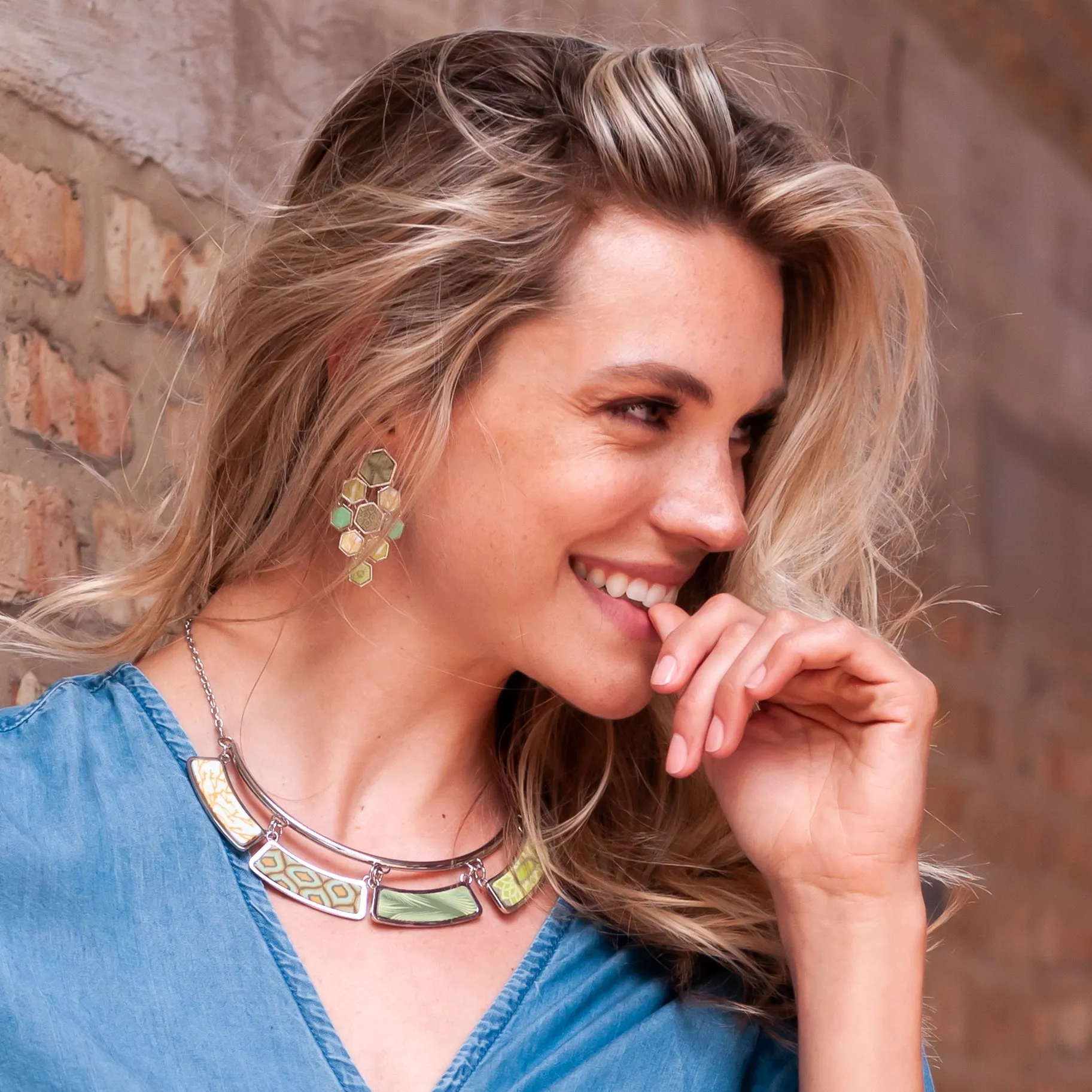 Silver Hexagon Chandelier Earrings - Green