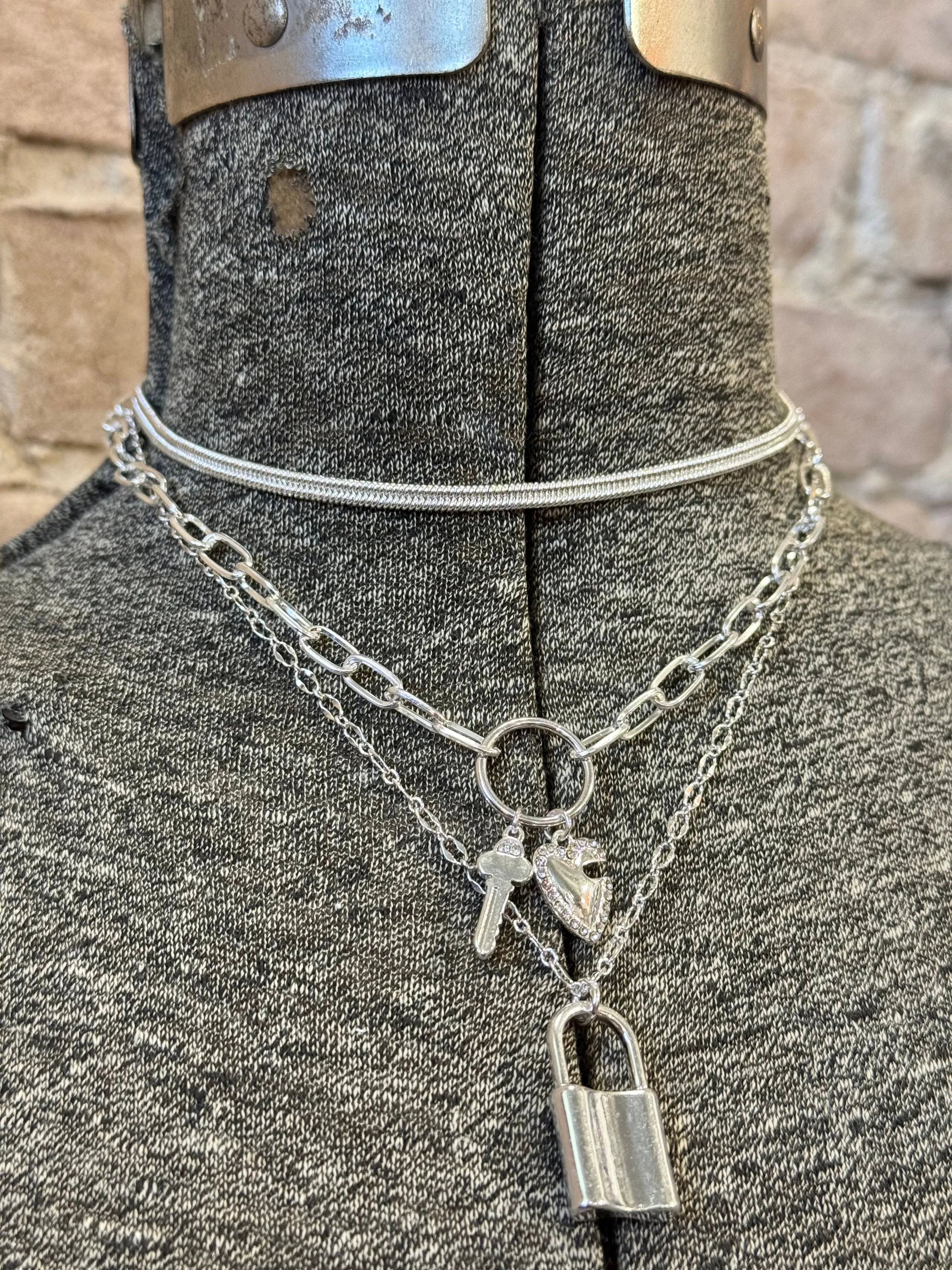 Silver Key & Lock Layered Necklace