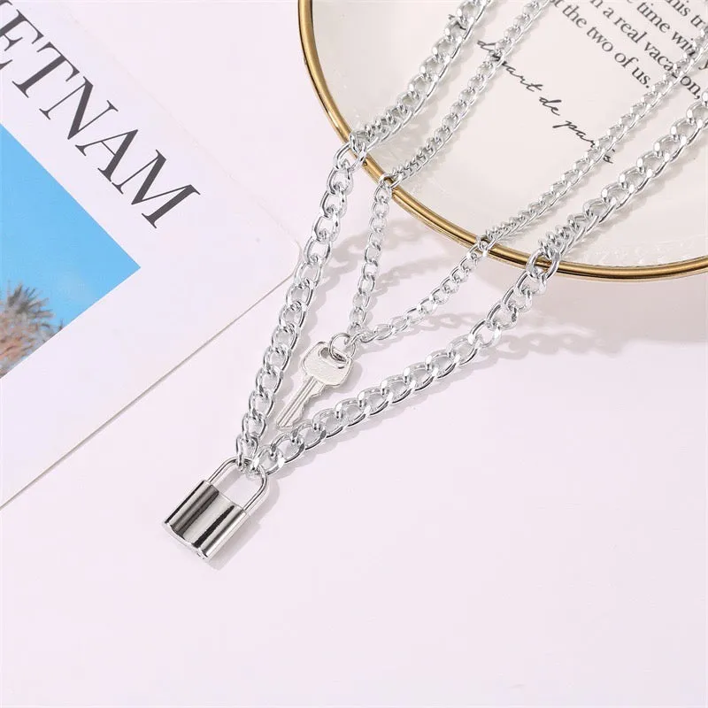 Silver Plated Double Layered Lock and Key Pendant