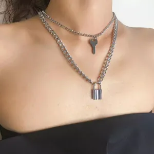Silver Plated Double Layered Lock and Key Pendant