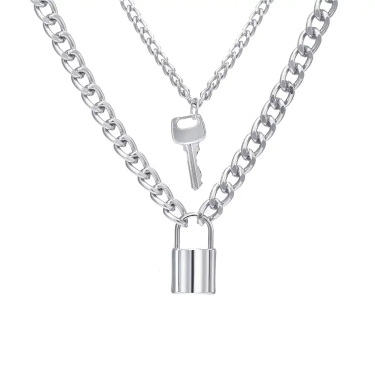 Silver Plated Double Layered Lock and Key Pendant