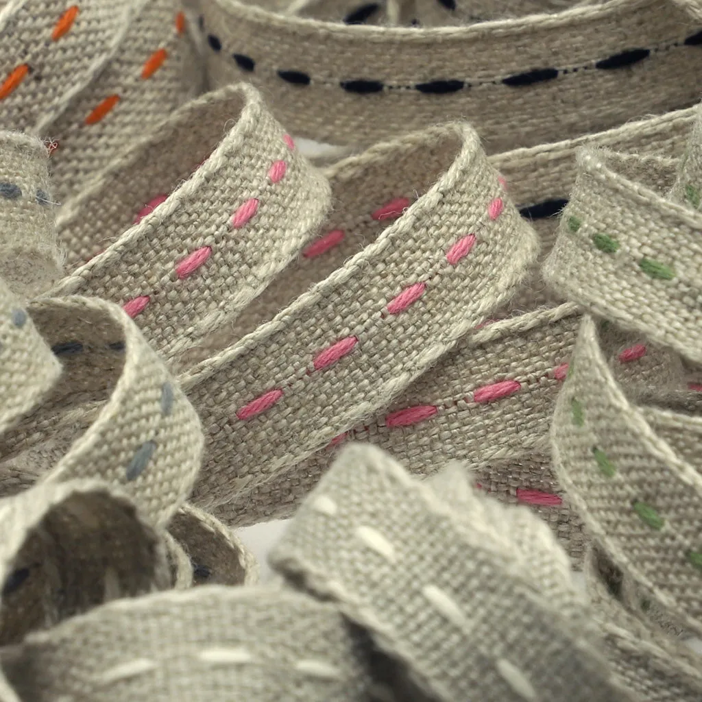 Single Stitched Linen Ribbon #7 Ecru & Light Blue