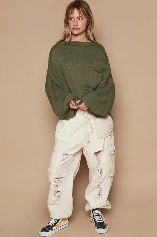 Slouchy Long Sleeve Pocket Sweater by POL - Olive