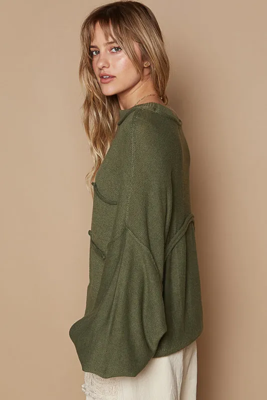 Slouchy Long Sleeve Pocket Sweater by POL - Olive