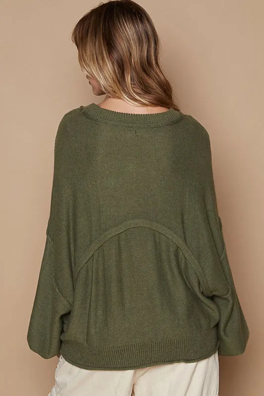 Slouchy Long Sleeve Pocket Sweater by POL - Olive