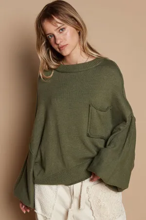 Slouchy Long Sleeve Pocket Sweater by POL - Olive