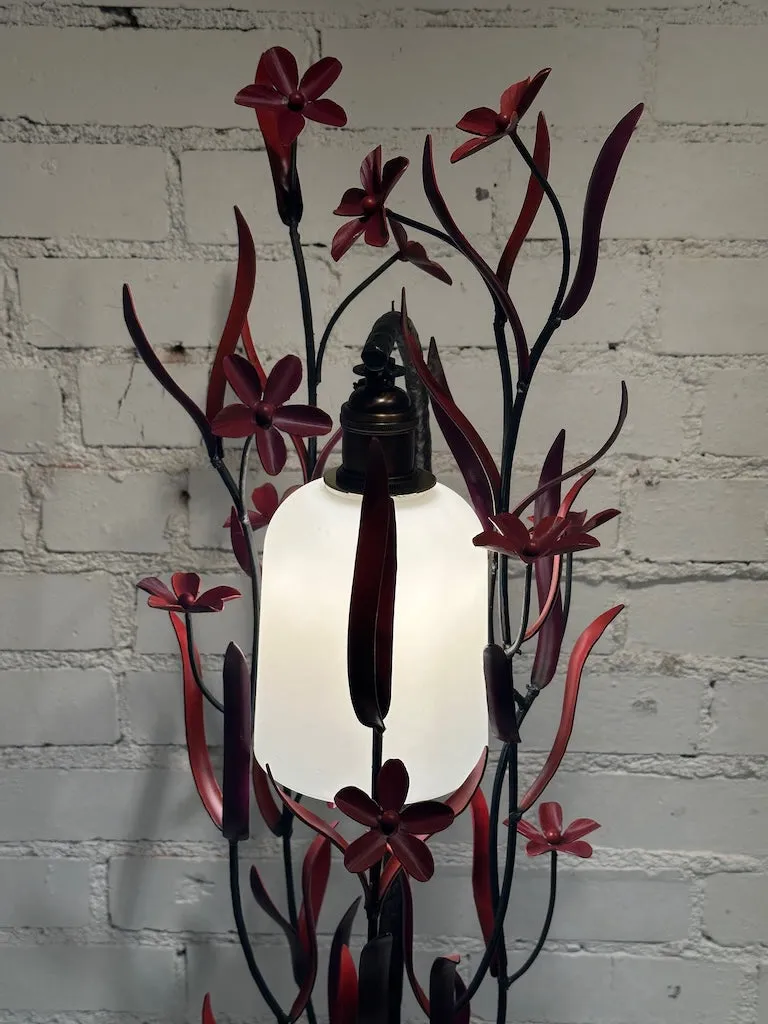 SMALL RED FLOWER FIELD STUDY LAMP WITH FROSTED BELL SHADE