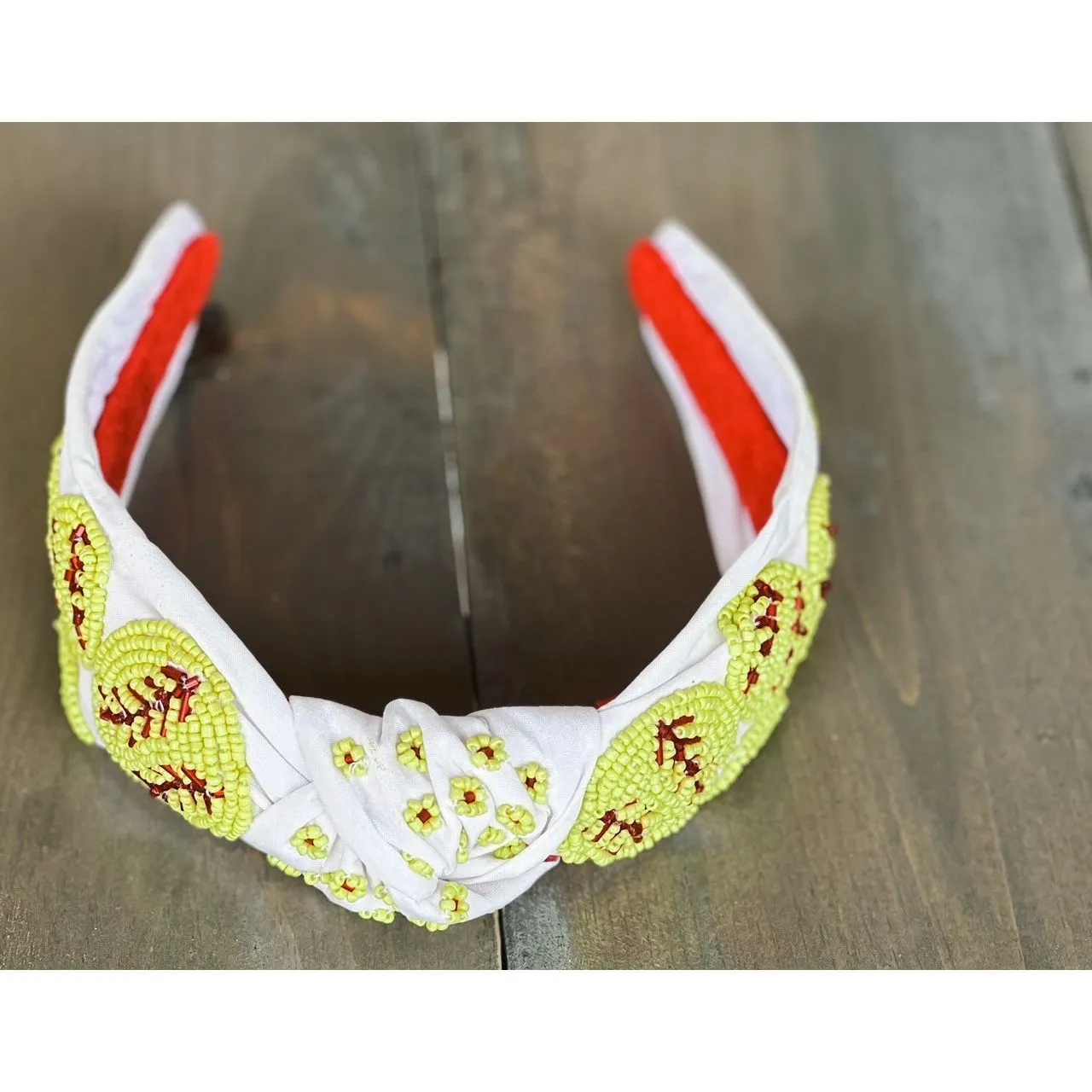 Softball Seed Beaded Hearts Top Knot Headband S