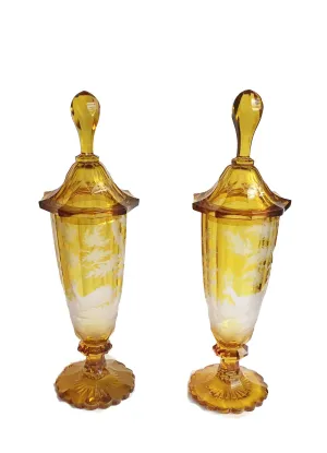 SOLD Pair of German-Czech 19th Century Bohemian Glass Covered Vases