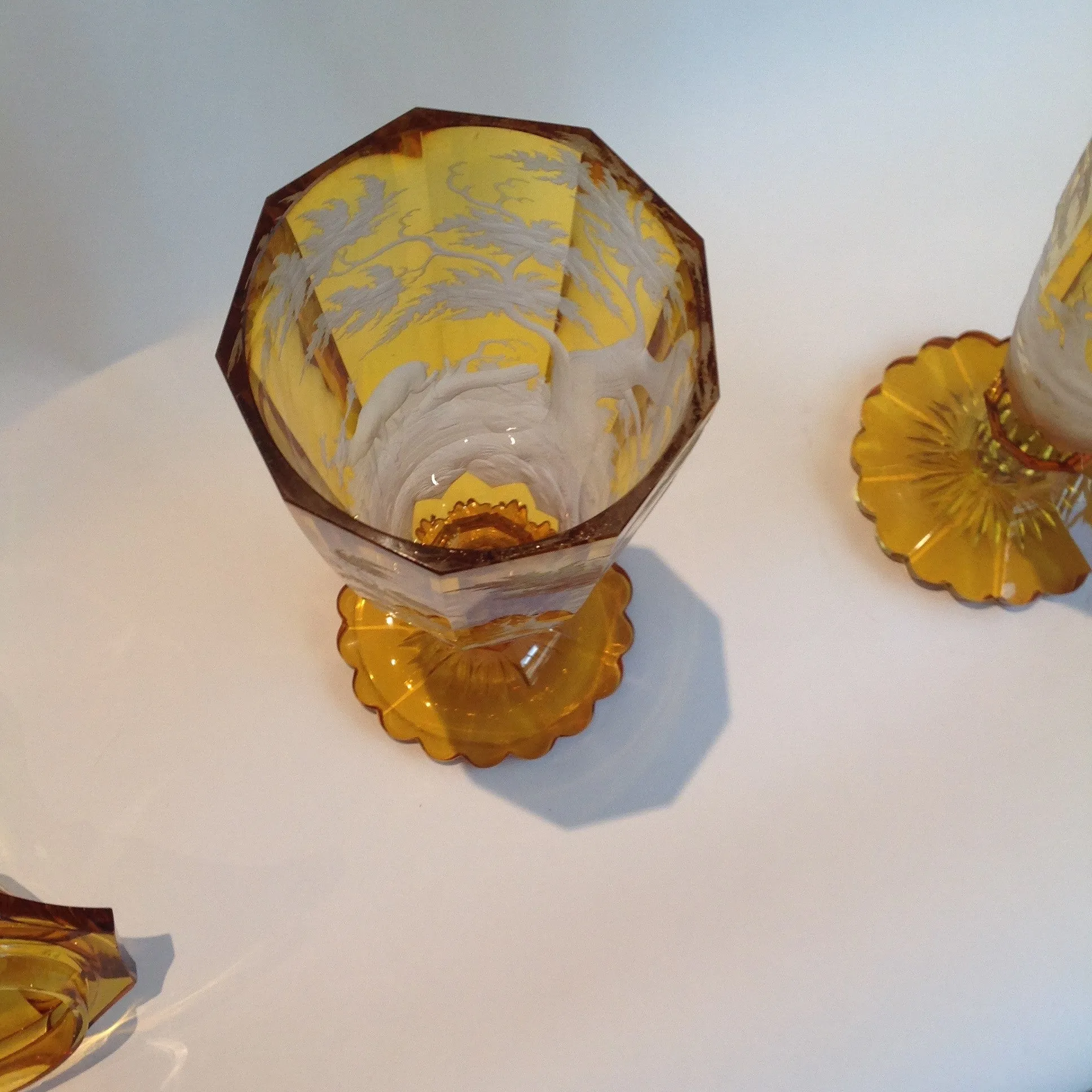 SOLD Pair of German-Czech 19th Century Bohemian Glass Covered Vases