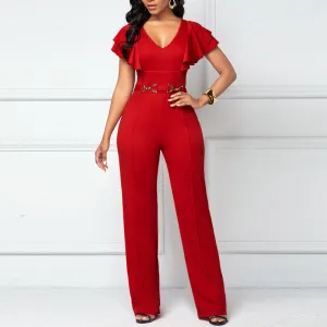 Solid Deep V-Neck Ruffle Design Jumpsuit