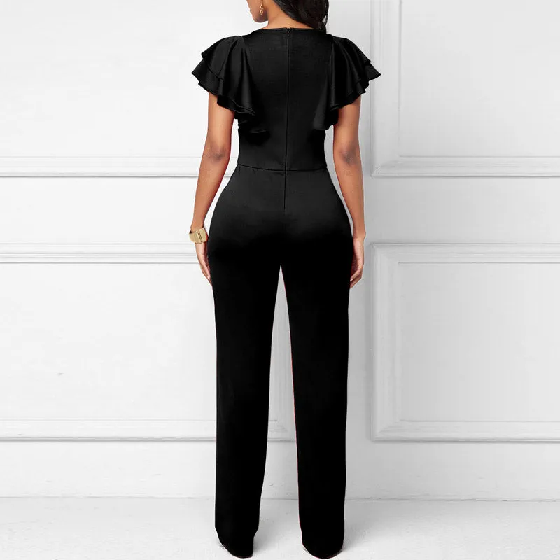 Solid Deep V-Neck Ruffle Design Jumpsuit
