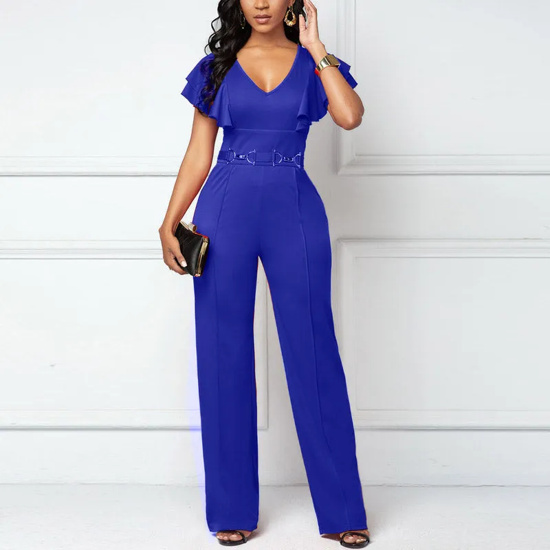 Solid Deep V-Neck Ruffle Design Jumpsuit