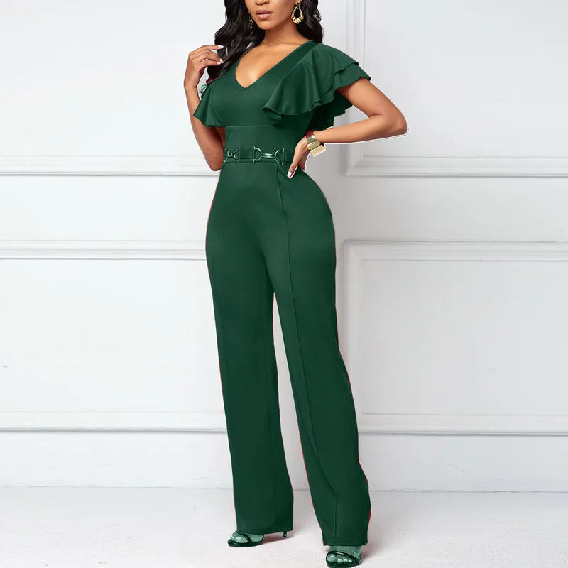 Solid Deep V-Neck Ruffle Design Jumpsuit
