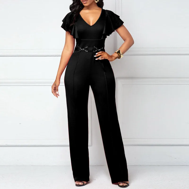 Solid Deep V-Neck Ruffle Design Jumpsuit