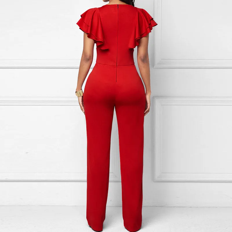 Solid Deep V-Neck Ruffle Design Jumpsuit