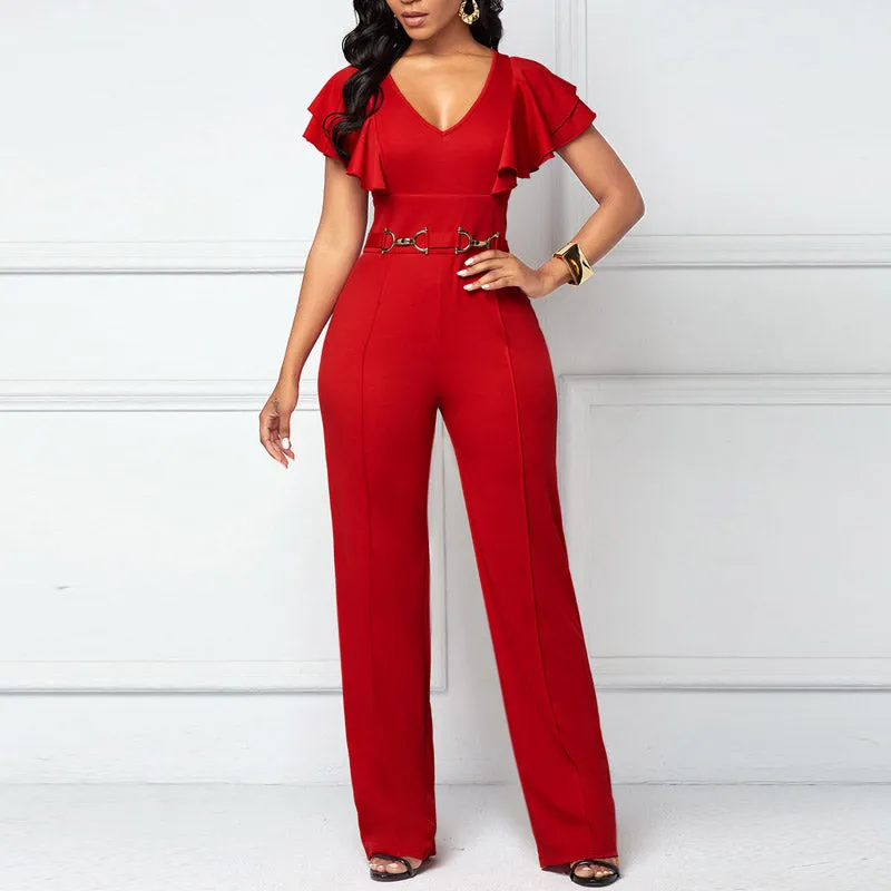Solid Deep V-Neck Ruffle Design Jumpsuit