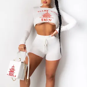 Solid Letter Print Long Sleeve Two Piece Set