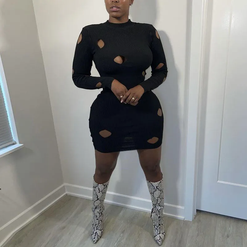 Solid Long Sleeve Hollow Out Bodycon Dress