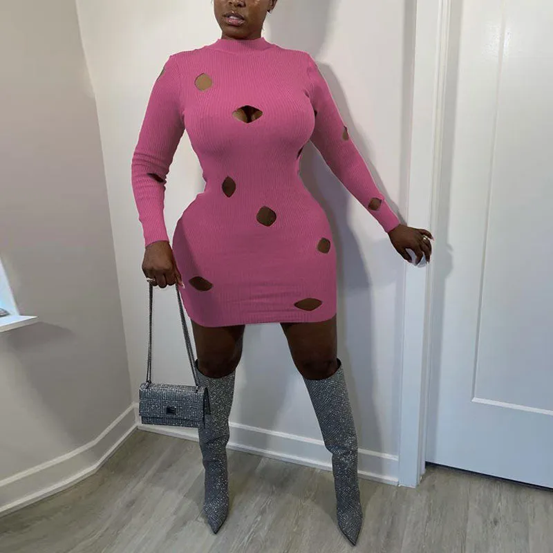 Solid Long Sleeve Hollow Out Bodycon Dress
