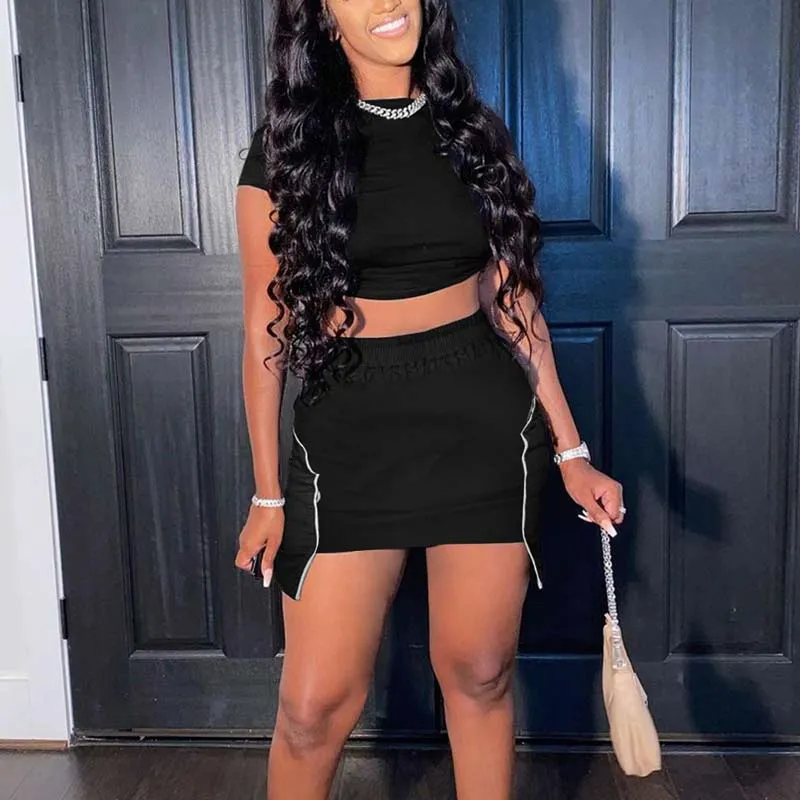 Solid Short Sleeve Crop Top & Skirt Set