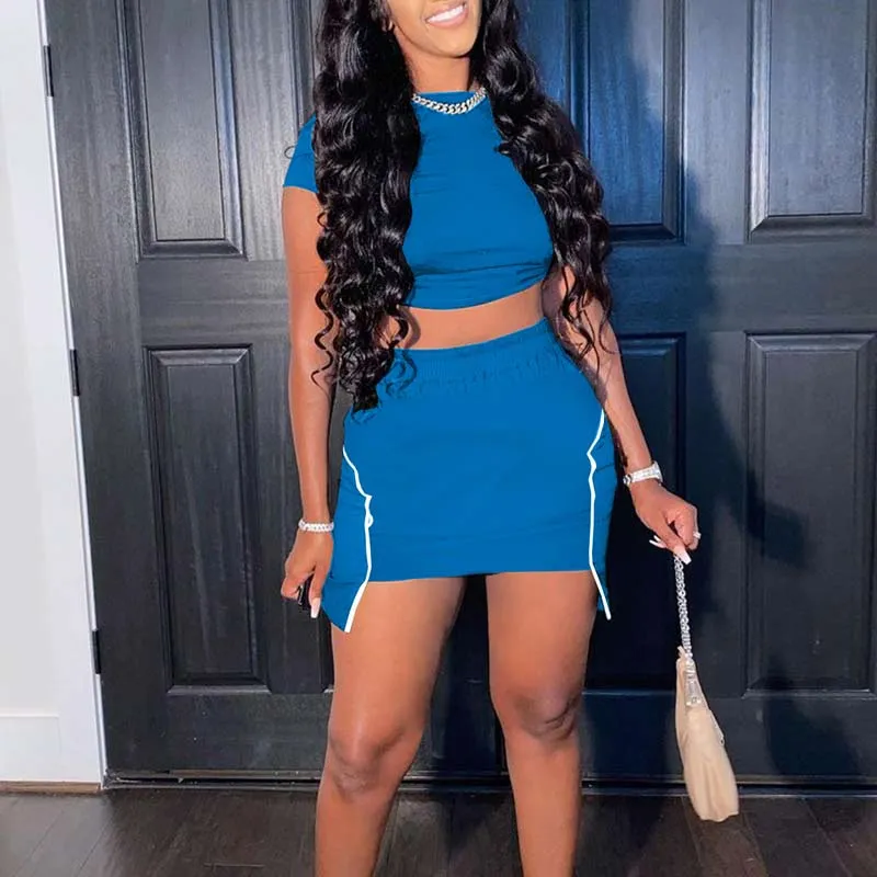Solid Short Sleeve Crop Top & Skirt Set