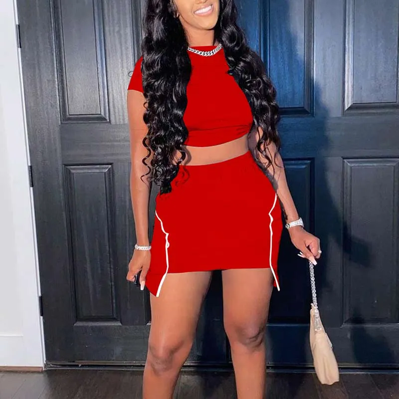 Solid Short Sleeve Crop Top & Skirt Set