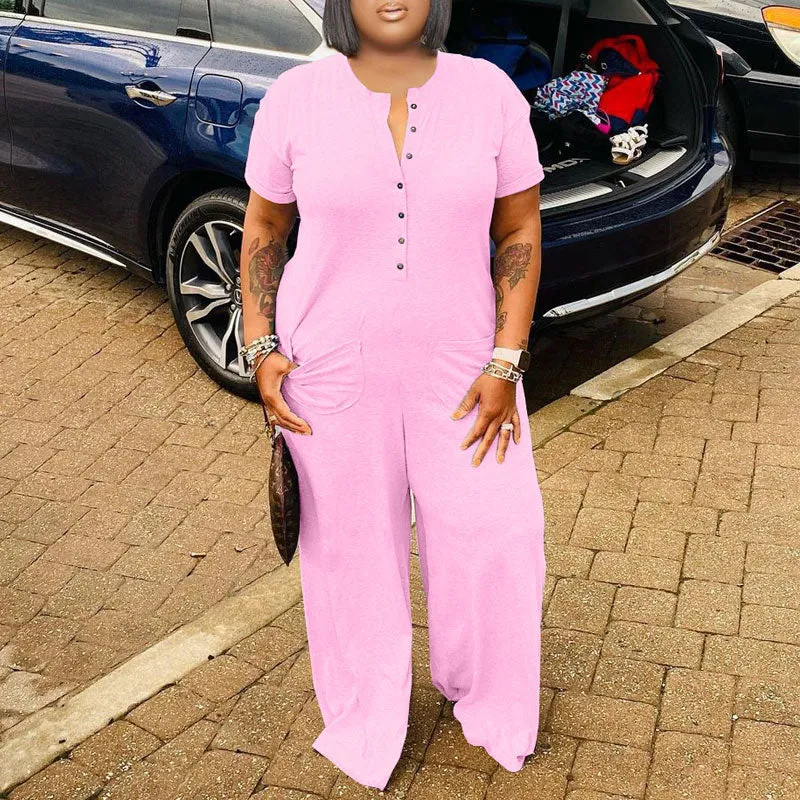 Solid Short Sleeve Loose Jumpsuit