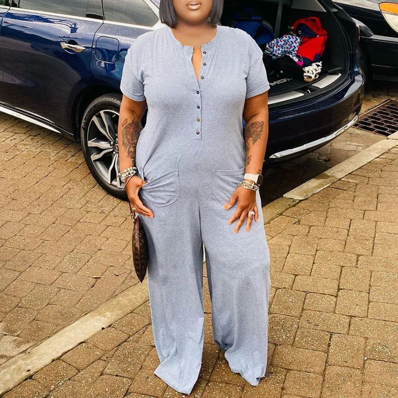 Solid Short Sleeve Loose Jumpsuit